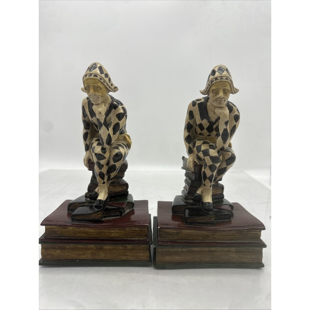 Hand Painted French Harlequin Jester Bookends Art Deco Style Thinker
